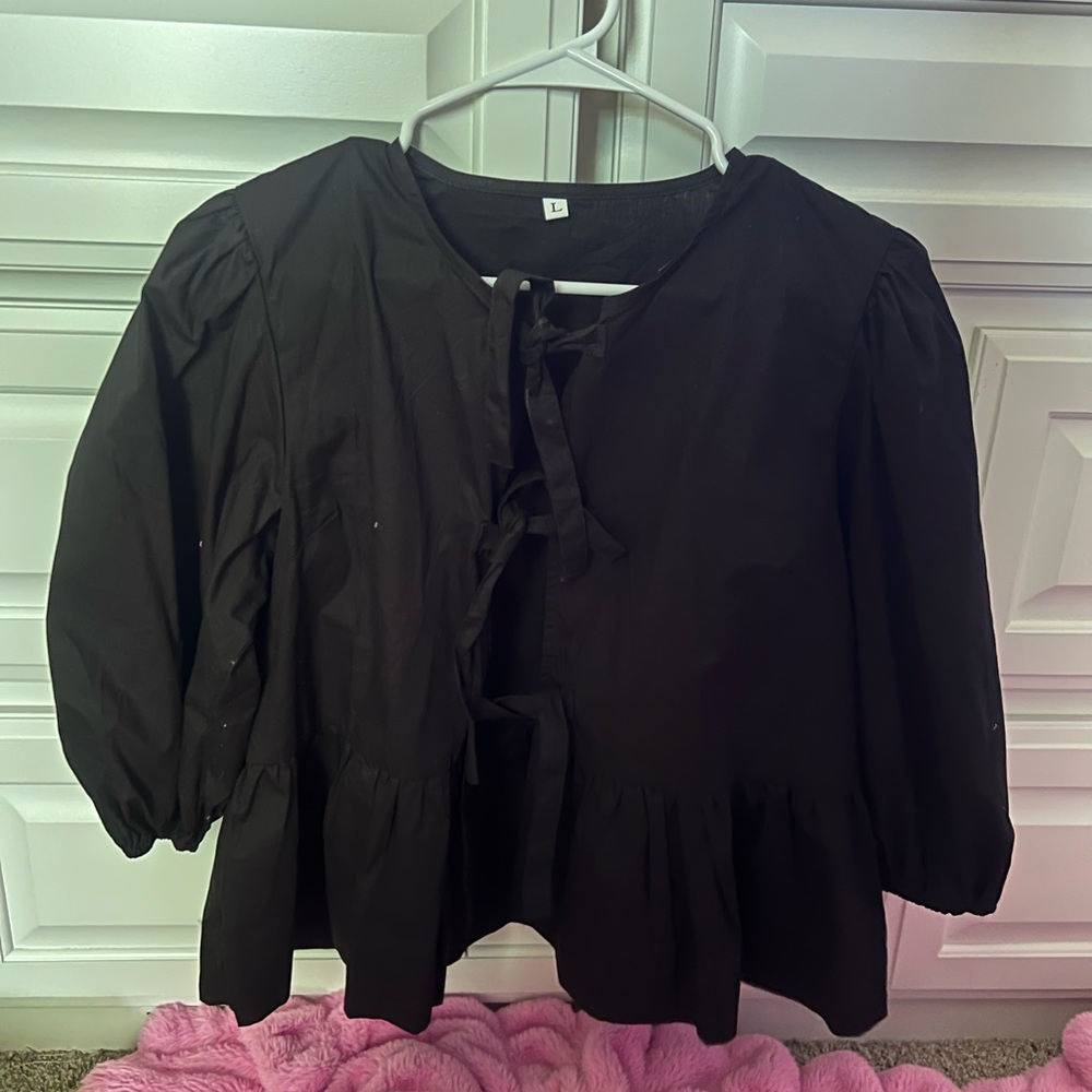 Black Peplum Blouse with Bow Ties